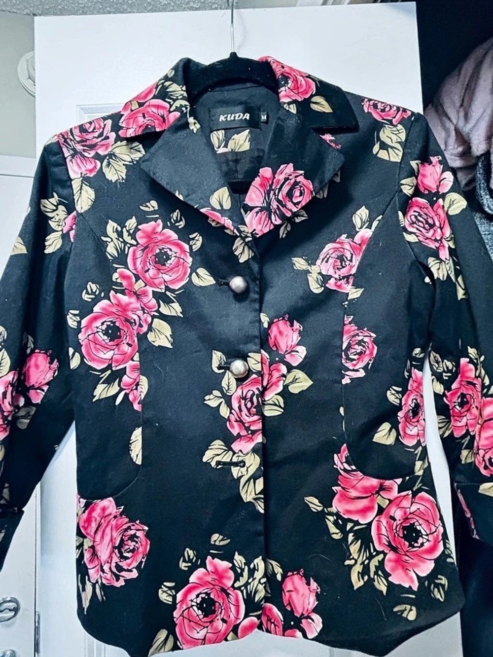 KUDA Floral Blazer in Black & Pink Size Medium